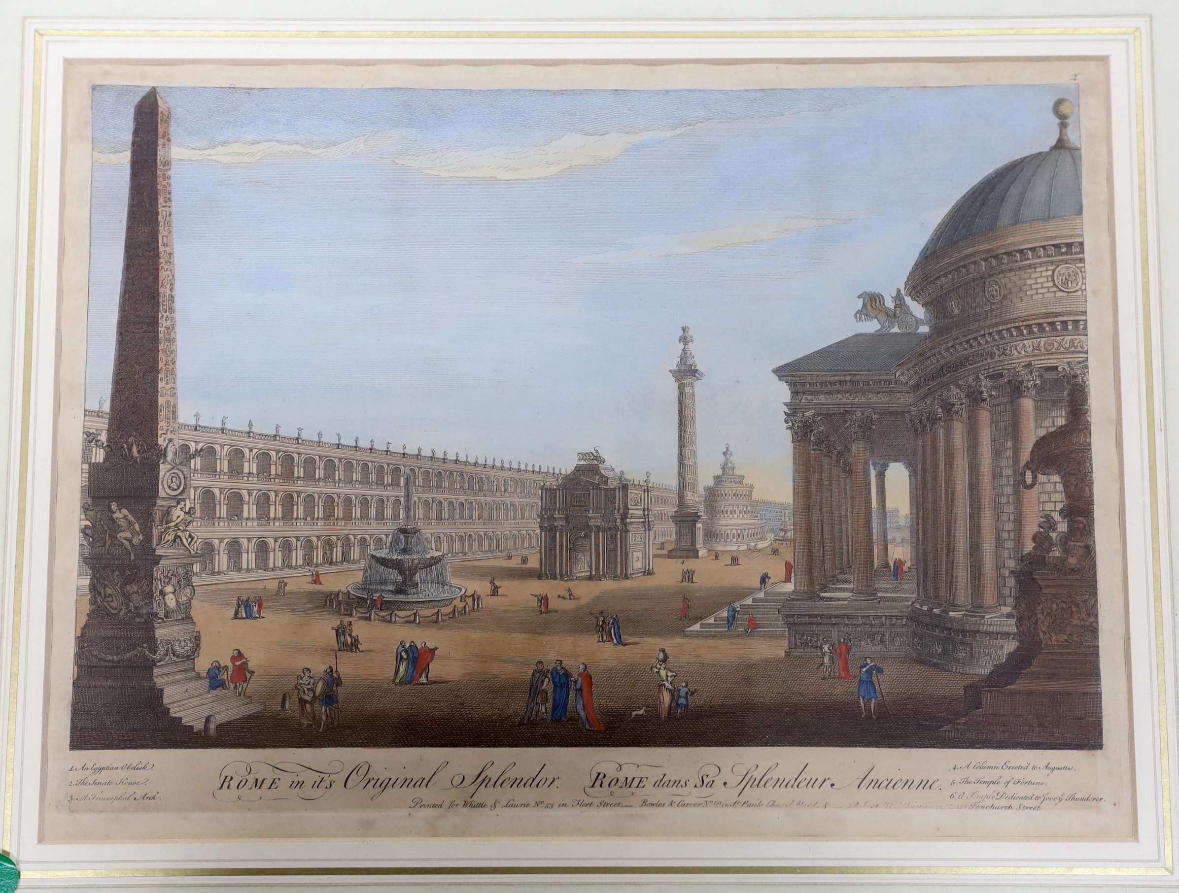 After Giovanni Paolo Panini (Italian, 1691-1765), four hand coloured engravings, Views of Ancient Rome, publ. Whittle & Laurie, 29 x 40cm